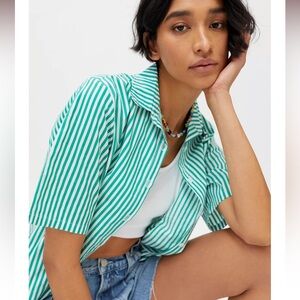Urban Outfitters Teal Striped Button-Down Oversized Shirt (XS)